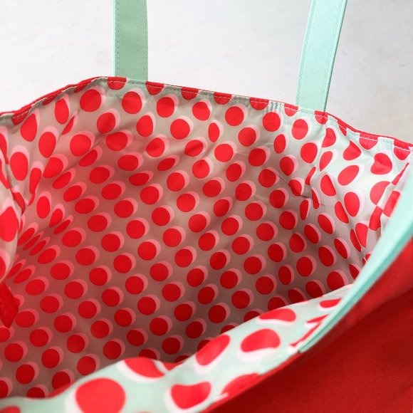 3/$36 - New! Clinique reversible tote bag red w/ mint green handles / polka dot - Picture 5 of 5